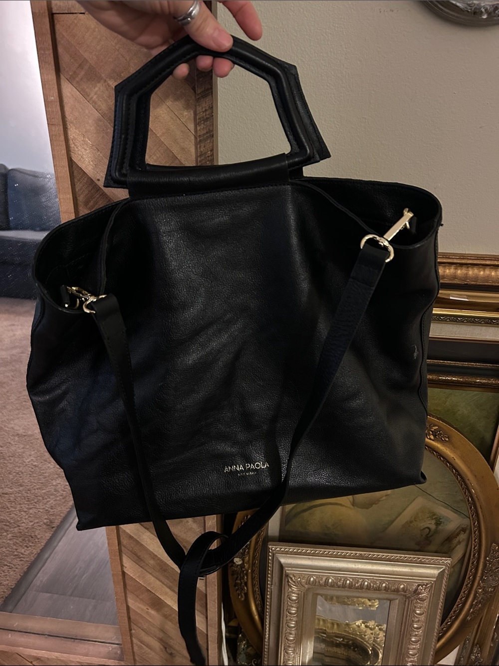 ANNA PAOLA  Black Leather MADE IN ITALY Tote Bag